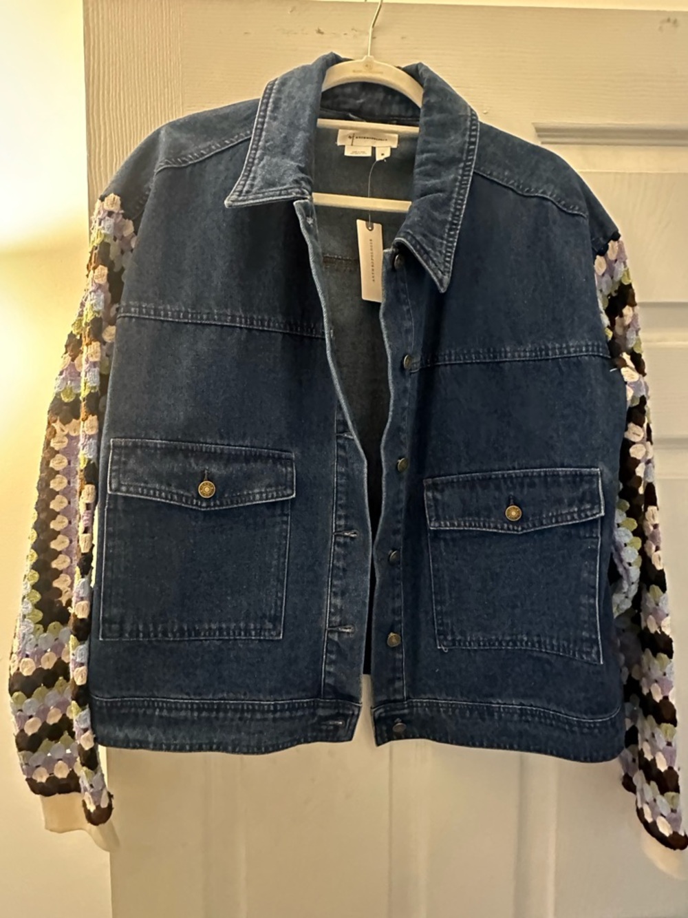 Anthropologie Denim Jacket with Crochet Sleeves - Blue